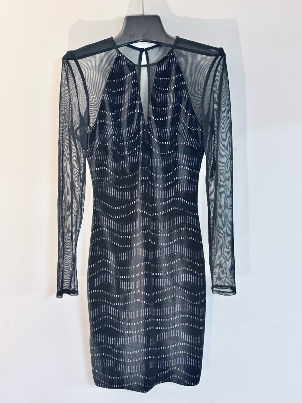 Guess Black Velvet Bodycon Mini Dress Sheer Sleeves & Neckline, Sparkle Pattern